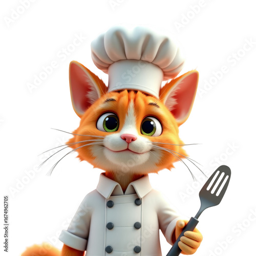 A cheerful, orange cartoon cat chef, wearing a white chef's hat and uniform, holds a spatula, creating a warm and inviting visual.