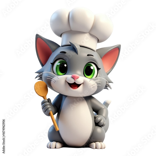 A cheerful, cartoon cat chef, dressed in a white chef's hat, holds a wooden spoon.