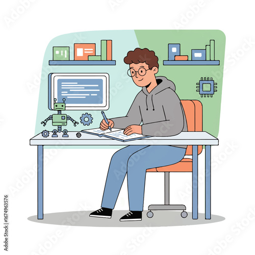 Young student passionately studying robotics engineering with a friendly robot by his side