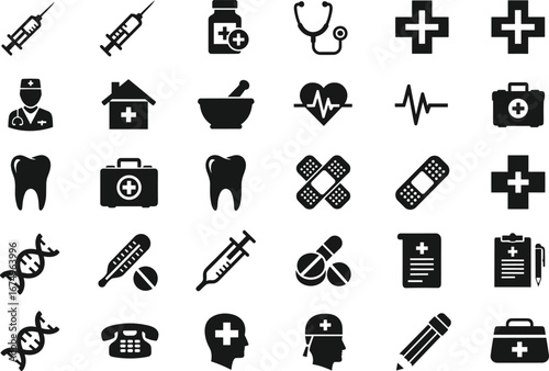 Medical and healthcare icons set, syringe, pills, stethoscope, nurse, first aid kit, heart monitor, dental care, DNA, thermometer, medical clipboard, pharmacy, health cross, doctor tools