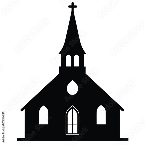 Black church silhouette with steeple and cross building