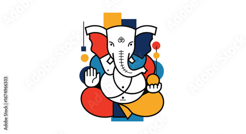 Illustration Vector of Ganesha with Geometric and Organic Shapes Modern Style in Red Blue Yellow Color Palette