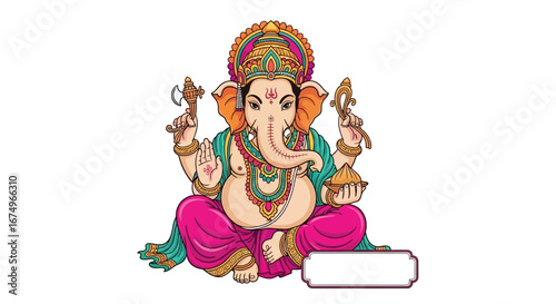 Illustration Art Vector of Hindu God Ganesha with Ornate Headdress Holding Axe and Lotus Flower Detailed Colorful Religious Design