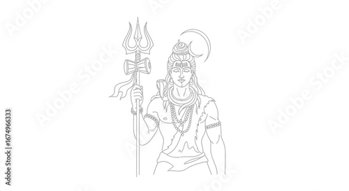 Illustration Art Vector of Lord Shiva with Trident and Crescent Moon in Spiritual Minimalist Line Art Style