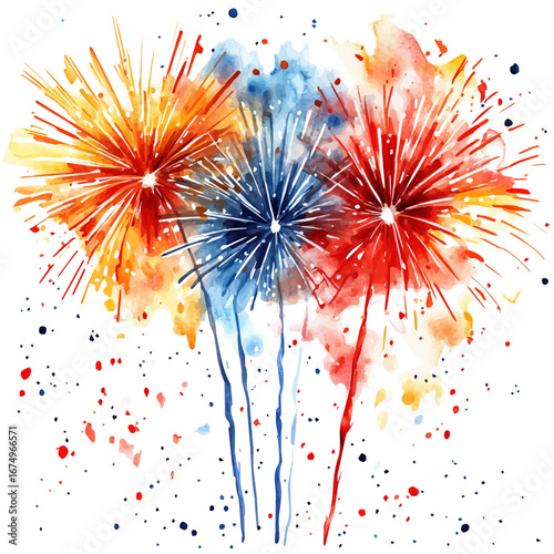 watercolor of Fireworks Summer Celebration Night, vector, isolated on a white background.