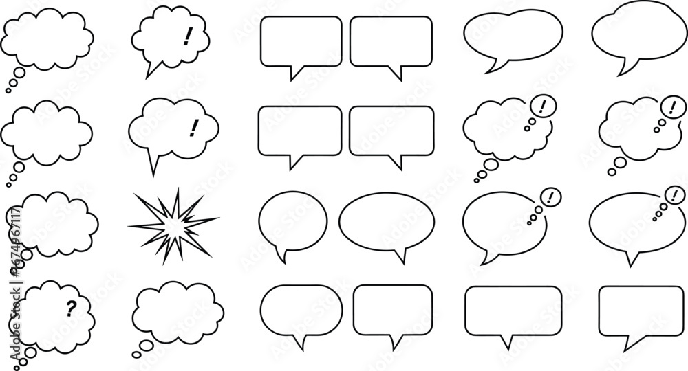 Fototapeta premium Collection of empty comic speech bubbles, thought balloons, exclamation marks, question marks, cartoon dialogue, conversation, communication, message, expression icons.