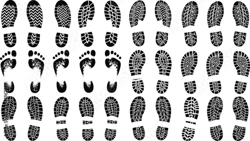 Collection of black and white shoeprints, barefoot footprints, sole patterns, shoe tread designs, isolated vector silhouettes for forensic or design use