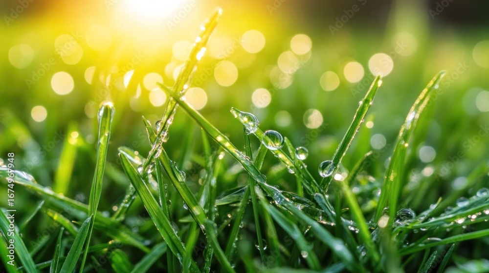 Fototapeta premium Dew-kissed grass blades in sunlight