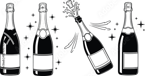 Celebration concept with popping champagne bottles, sparkling bubbles, festive party drinks, luxury beverage, alcoholic celebration, special occasion, event toast, elegant champagne 