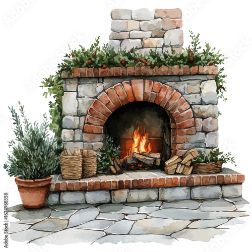 Fireplace, watercolor illustration vector, isolated on a white background.