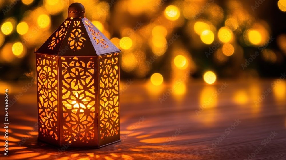 Fototapeta premium Ornate lantern, warm light, blurred background