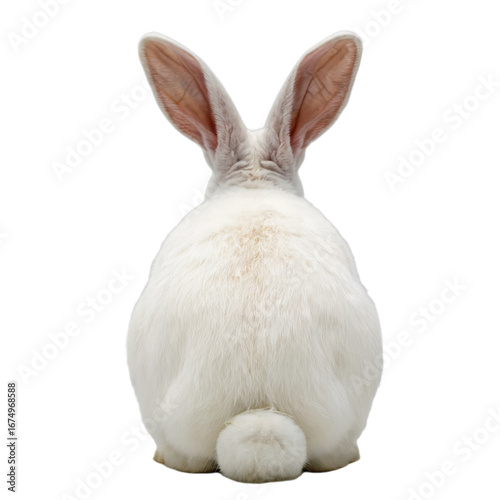 Rear view of a fluffy white rabbit with long ears and a small tail, isolated on transparent background