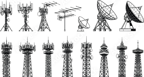 Collection of communication towers, antennas, satellite dishes, and broadcasting infrastructure for telecommunications, data transmission, and signal relay technology.