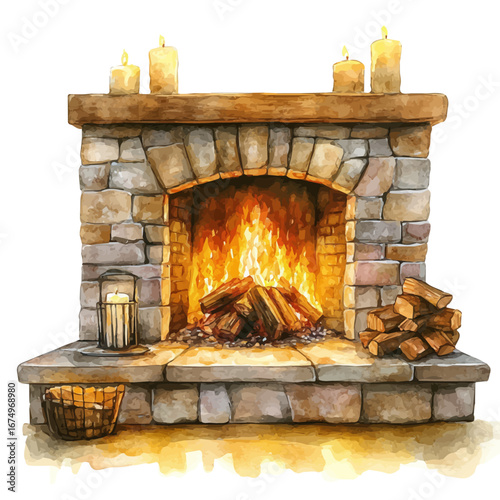 Fireplace Glowing Warmth, watercolor painting vector, isolated on a white background.