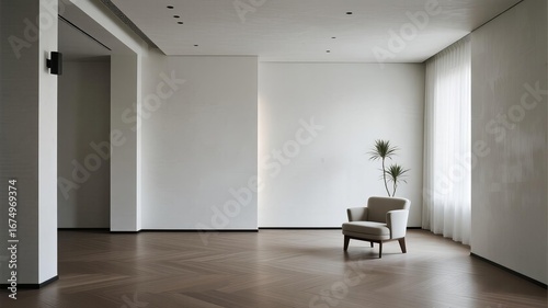 Elegant Reception Area with Single Chair and Decorative Plant Against Clean White Wall, Minimalist Interior Design