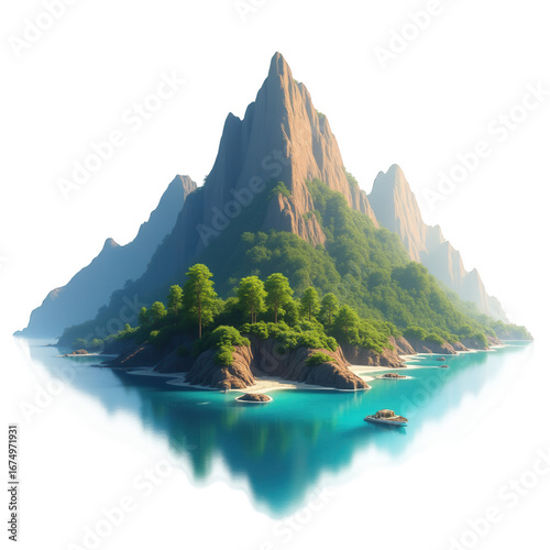 A stylized, 3D depiction of a tropical island paradise, featuring lush greenery, dramatic mountains, and tranquil turquoise waters.