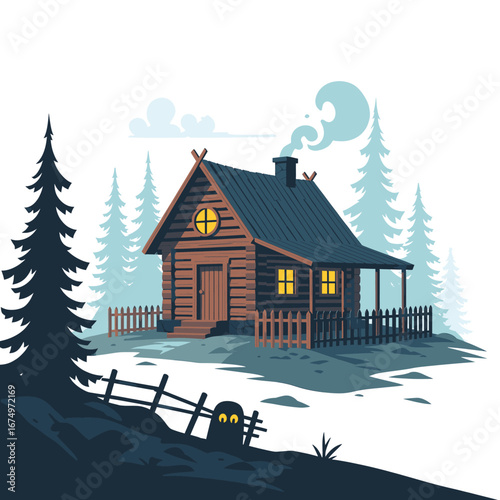 Vector Flat Illustration of a Cozy Wooden Cabin Nestled Amongst Tall Pine Trees with a Smoking Chimney and a Fence in a Winter Landscape