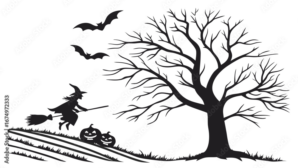 Fototapeta premium Halloween silhouette of a witch flying on a broomstick with bats and pumpkins next to a bare tree on a white background