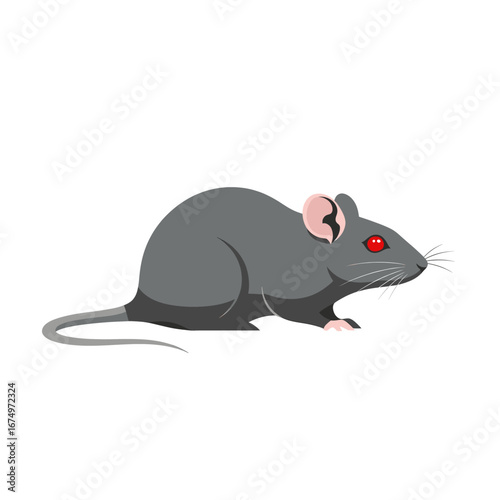 Vector Flat Illustration of a Gray Mouse with Red Eyes on a White Background