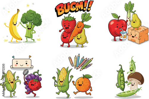 Playful anthropomorphic fruits and vegetables dancing, running, and interacting in colorful cartoon style, healthy food characters promoting nutrition, fun kids educational vector illustration