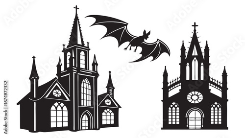 Silhouette of two gothic churches and a bat flying against a white background halloween cathedral