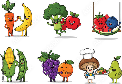 Cute anthropomorphic fruits and vegetables characters, happy healthy food friends, cartoon style vector illustration for kids, nutrition education, playful design, CAD drawing flat vector illustration