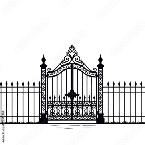 Ornate Wrought Iron Gate and Fence Vector Flat Illustration. Classic vintage entrance design with decorative elements isolated on white background