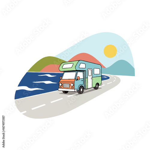 Whimsical camper van journey along scenic coastal road, embracing freedom and adventure under the sun