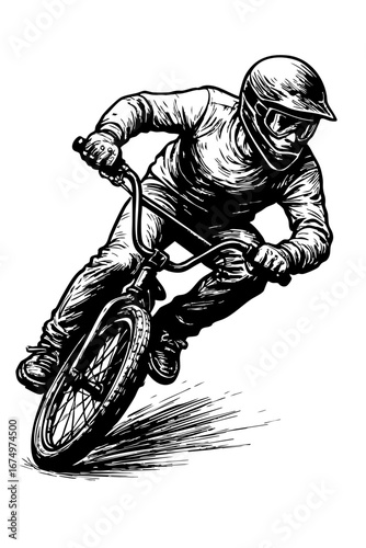 Detailed ink drawing of a BMX cyclist leaning into a sharp turn