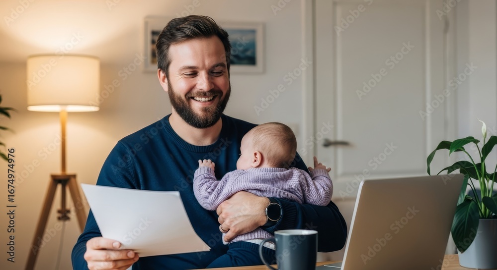 Obraz premium Man holding baby while working at laptop with document in home office with lamp and plant nearby