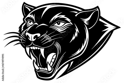 High-quality vector illustration of a fierce black panther head mascot logo. The aggressive roaring wild cat design features sharp fangs, piercing eyes, and bold outlines, perfect for esports teams, s