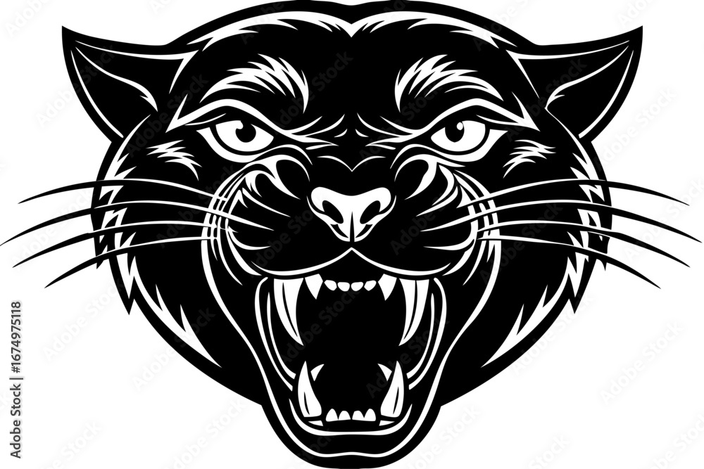 Obraz premium High-quality vector illustration of a fierce black panther head mascot logo. The aggressive roaring wild cat design features sharp fangs, piercing eyes, and bold outlines, perfect for esports teams, s