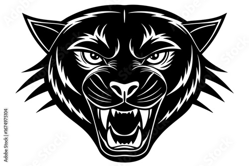 High-quality vector illustration of a fierce black panther head mascot logo. The aggressive roaring wild cat design features sharp fangs, piercing eyes, and bold outlines, perfect for esports teams, s