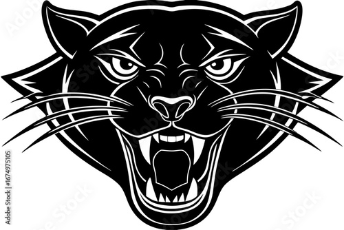 High-quality vector illustration of a fierce black panther head mascot logo. The aggressive roaring wild cat design features sharp fangs, piercing eyes, and bold outlines, perfect for esports teams, s