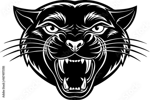 High-quality vector illustration of a fierce black panther head mascot logo. The aggressive roaring wild cat design features sharp fangs, piercing eyes, and bold outlines, perfect for esports teams, s