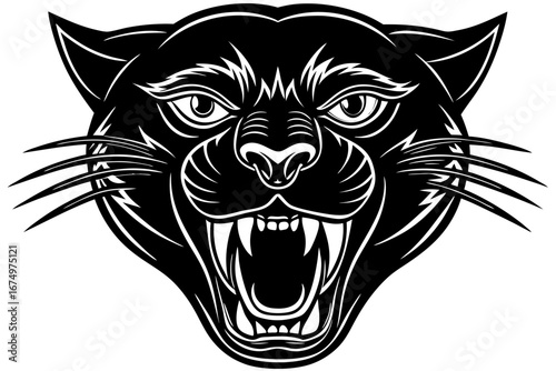 High-quality vector illustration of a fierce black panther head mascot logo. The aggressive roaring wild cat design features sharp fangs, piercing eyes, and bold outlines, perfect for esports teams, s