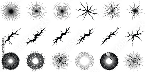 Cracked glass explosion effects, shattered impact radial burst set, isolated vector elements for comic, game, and digital destruction design