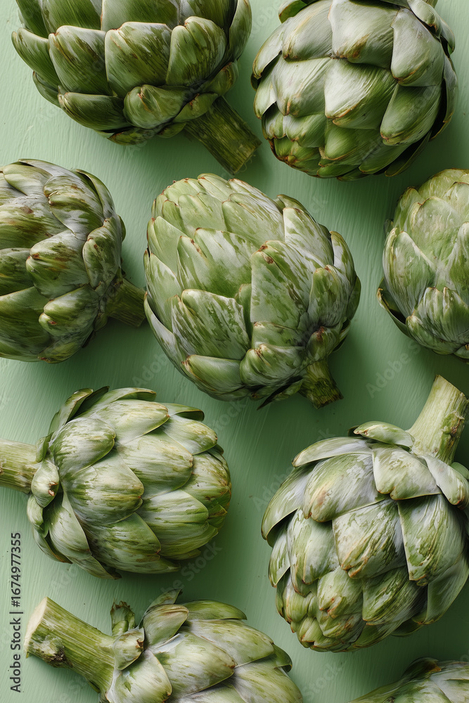 Obraz premium Artichokes on a Light Green Surface