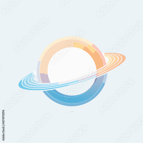 A stylized illustration of a pastel-colored planet with flowing orbital rings against a light blue background.