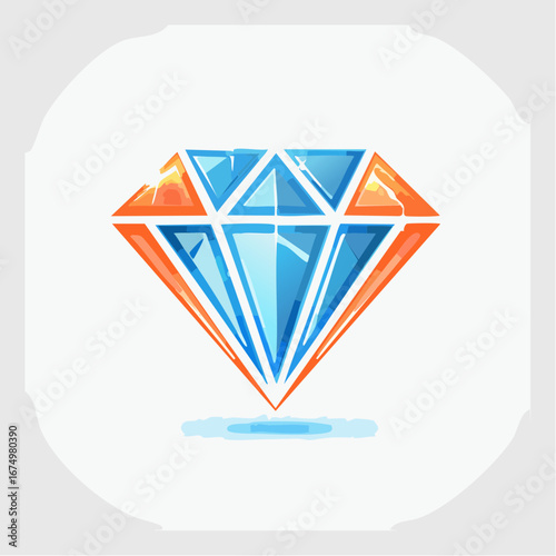 A vibrant illustration of a sparkling diamond with blue and orange colored facets.