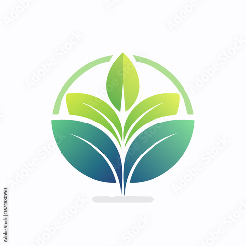 Abstract circular logo featuring stylized green leaves sprouting upwards, encompassed by a partial green ring, on a white background.