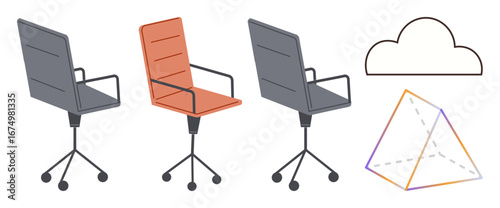 Three swivel office chairs, a cloud outline, and a wireframe tetrahedron emphasize collaboration, creativity, teamwork, workplace dynamics, digital innovation, brainstorming, and problem-solving in
