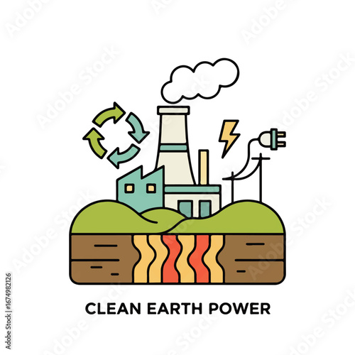 Sustainable clean energy solution with geothermal plant, lightning, and recycle arrows for eco friendly power