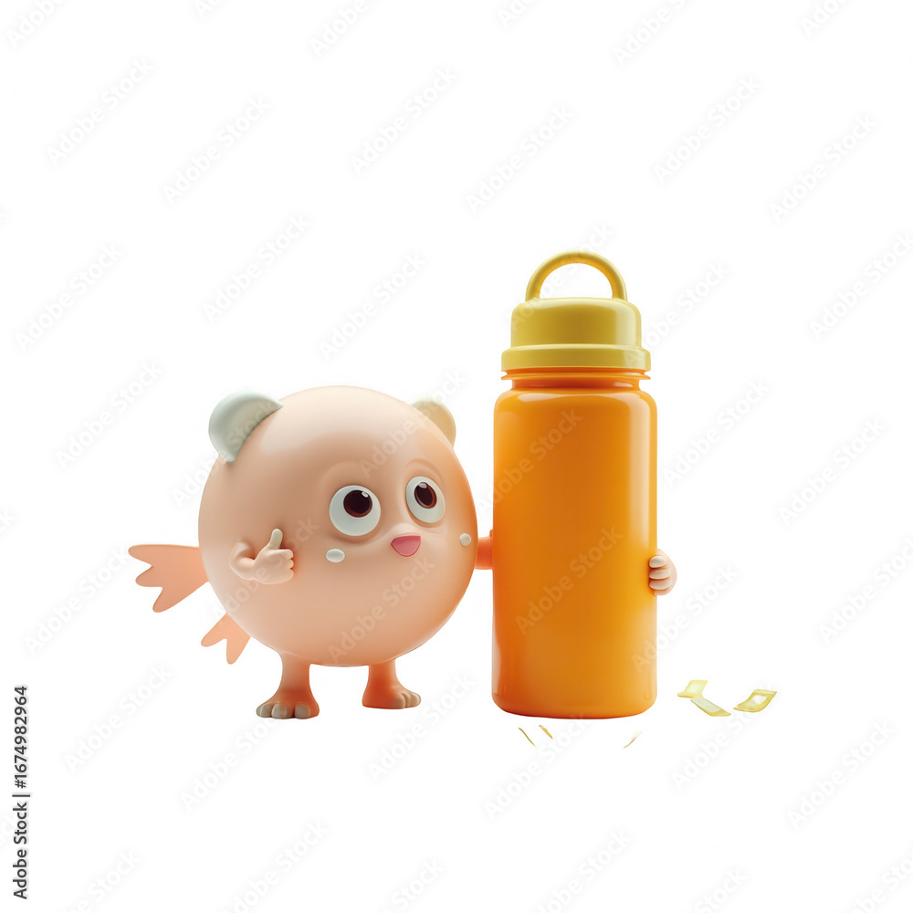 Fototapeta premium A cheerful cartoon character stands next to an orange water bottle against a black background.