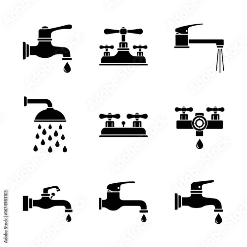 Set of Black Silhouette Faucet and Plumbing Icons with Water Taps and Shower Heads