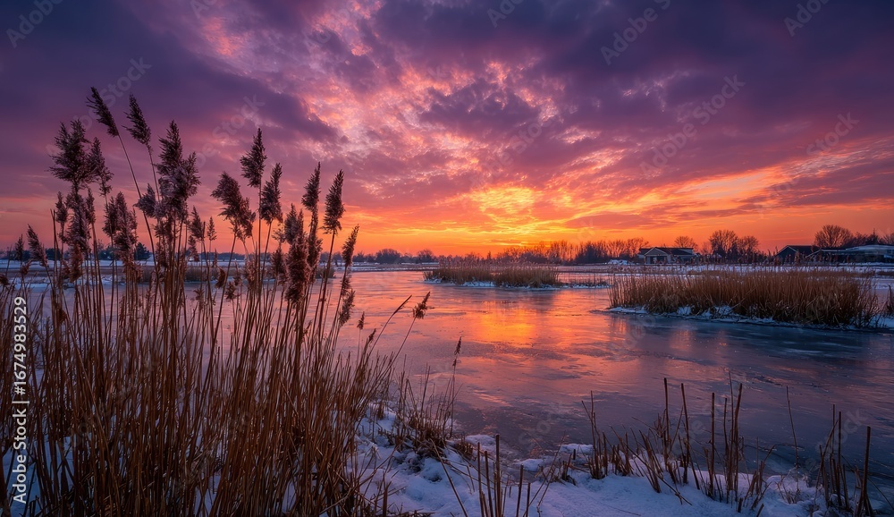 Obraz premium Winter sunset over frozen river