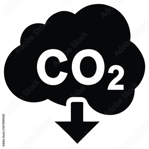 Stylized black cloud with co2 and down arrow carbon dioxide
