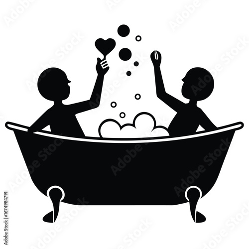 Two silhouettes in bathtub with bubbles people heart