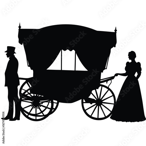 Victorian couple with ornate carriage silhouette vintage