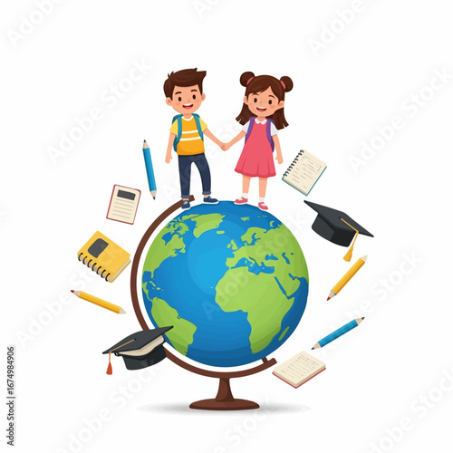 Two cheerful schoolchildren, holding hands, stand atop a globe surrounded by pencils, notebooks, and graduation caps, symbolizing global education and bright futures.